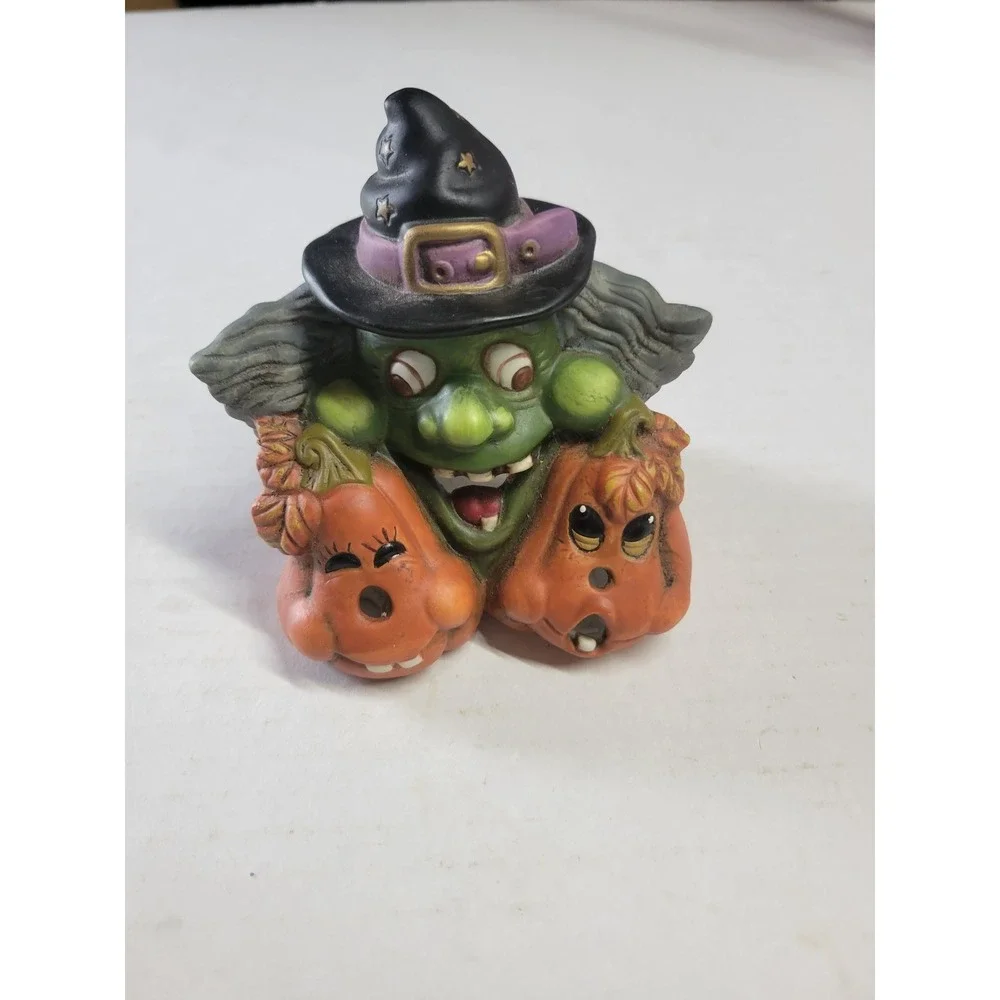 Vintage Style Ceramic Green Witch‎ with Pumpkins Halloween Tea Light Holder
